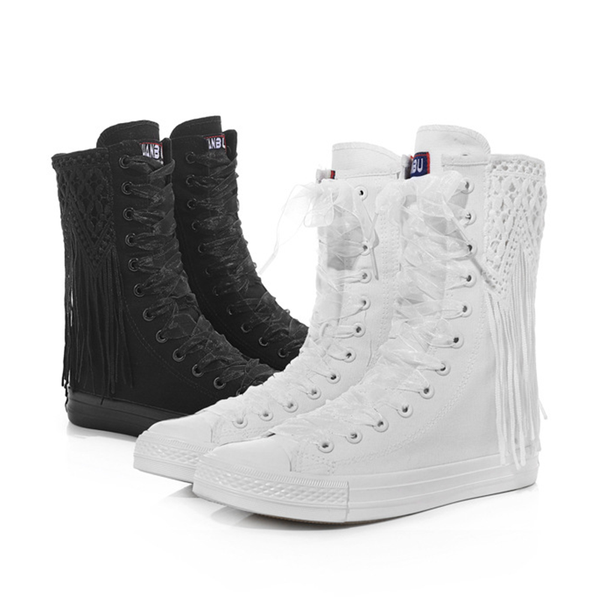 

sneakers women canvas casual high shoes tassels decoration lace-up zipper comfortable flat boots zapatillas de mujer, Black