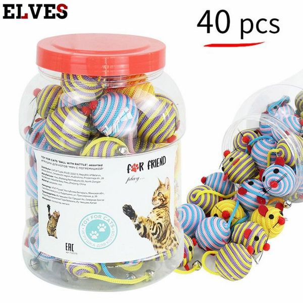 

est 40pc/sets pet cat self-interacting toy ball stripe weaver mouse funny relieve boredom trojan bell kitten toys