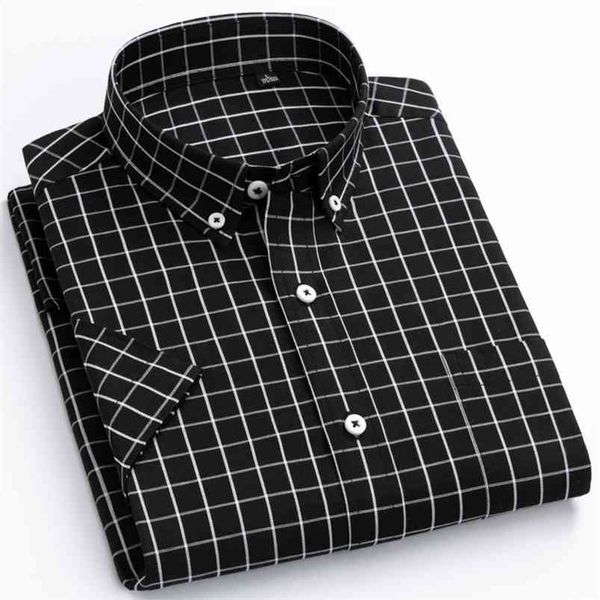 

men's 100% cotton plaid striped short sleeve shirt single patch pocket button-down holiday summer casual checkered thin shirts 210714, White;black
