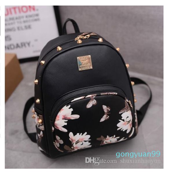 

new fashion flower butterfly print women's leather school bag rivet girls bag mini travel backpack