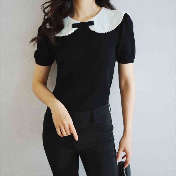 

women's knits & tees korean fashion summer clothes for women 2021 casual elegant bow short sleeve womens blouses and dmq4, White