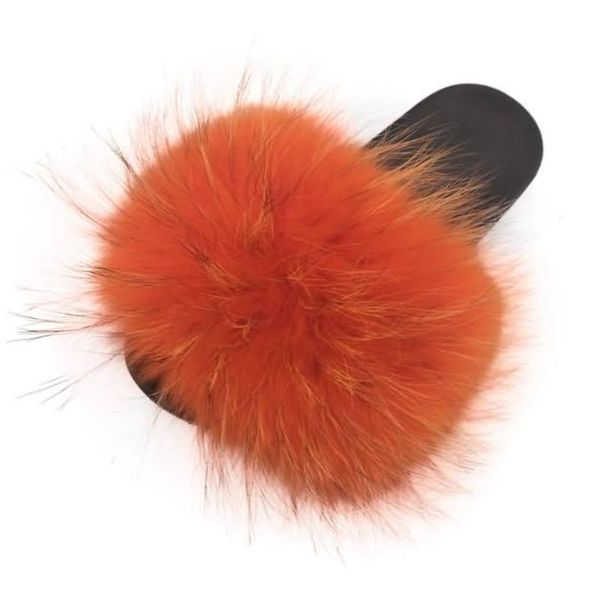 

slippers real fashion raccoon fur slides summer flip flops casual vogue sandals plush shoes, Black
