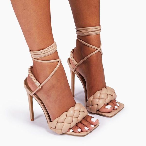 

sandals women strappy 2021 summer weaving shoes high heels 12cm ankle strap luxury stripper black apricot