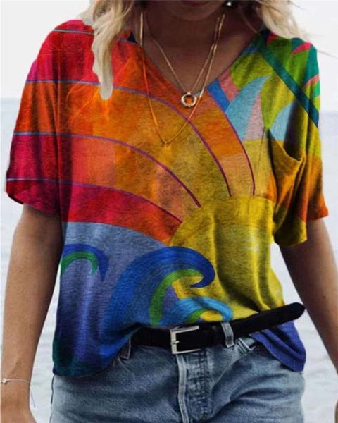 

women's t-shirt 2021 summer abstract painting style leisure fashion v-neck loose edition short sleeve pc0s, White