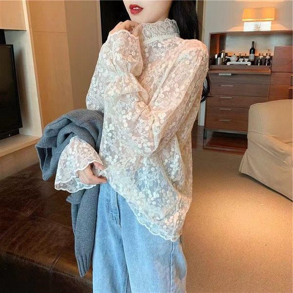 

women's blouses & shirts women vintage lace mesh summer autumn elegant simple ladies korean flare sleeve fashion womens chic, White