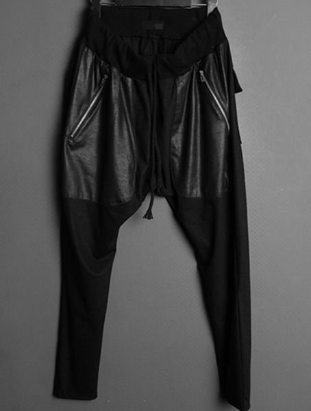 

men's clothing hair stylist fashion nightclub bigbang pu splicing harem pants saggy plus size costumes 27-46, Black