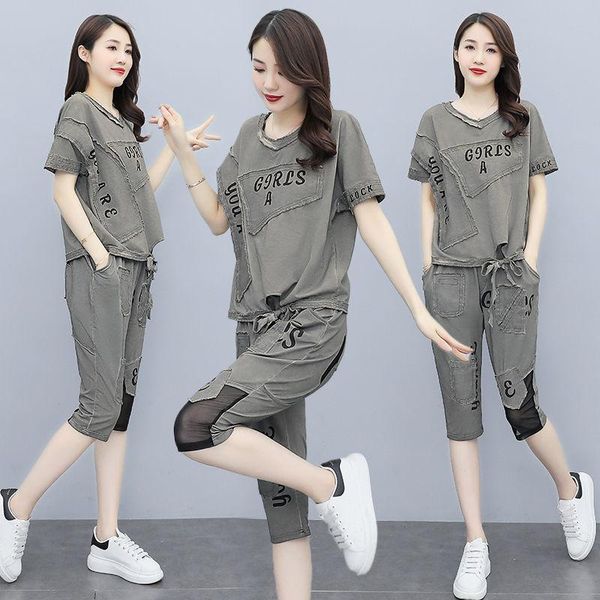

women's tracksuits women 's sports suit 2021 summer short sleeve korean casual thin capri pants harem two - piece, Gray