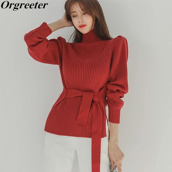 

autumn winter women's elegant lace up slim korean puff sleeve turtleneck sweater solid long match all casual jumper 210525, White;black