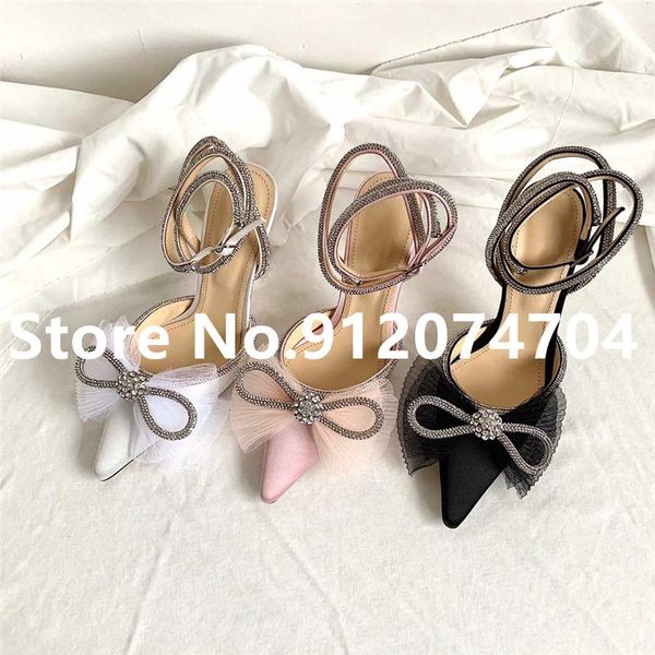 

sandals 2021 slingback women shoes fashion crystal party lady high heels brand designer bow tie ponited toe silk woman, Black