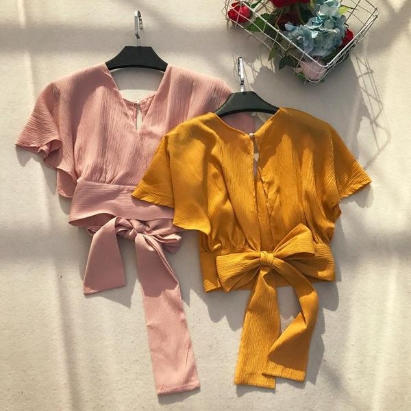 

women's blouses & shirts 2021 summer women lacing short blouse crop camisas femininas sleeve v-neck off back bowknot elegant, White