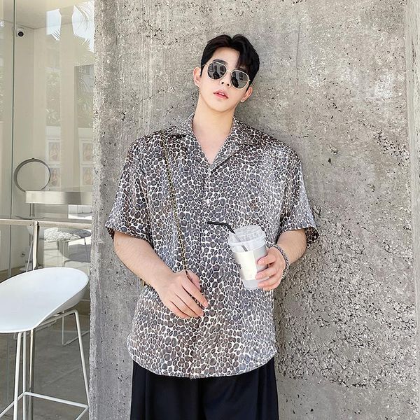 

men's casual shirts summer men korean streetwear vintage fashion loose short sleeve leopard print smooth fabric beach shirt man, White;black