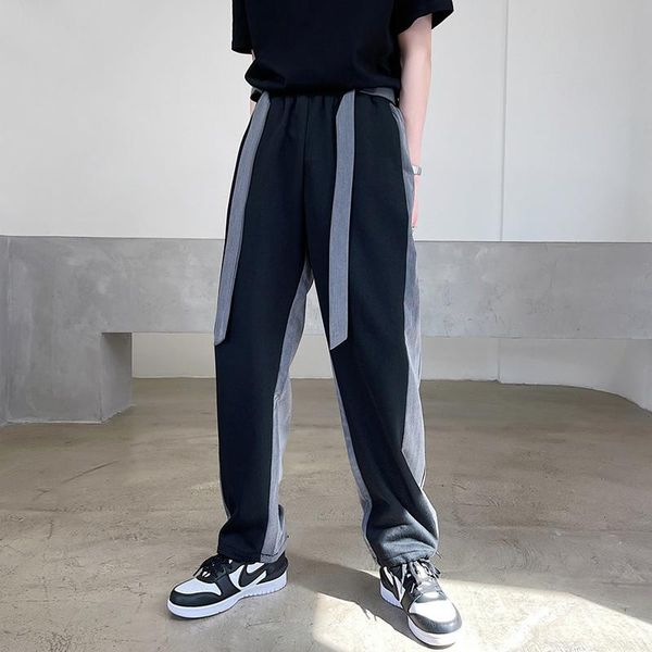 

men's pants large size early autumn personalized color blocking design feeling loose lace up small trousers trendy sports straight tub, Black