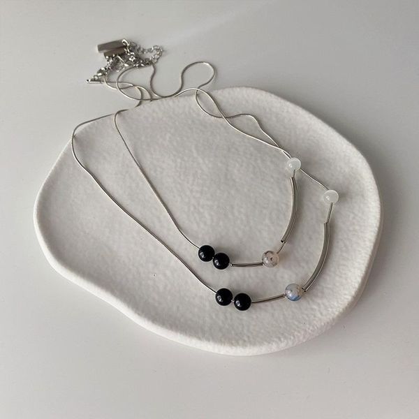 

pendant necklaces origin summer minimalist round beaded double-layer necklace for women girls asymmetric natural stone jewellery, Silver