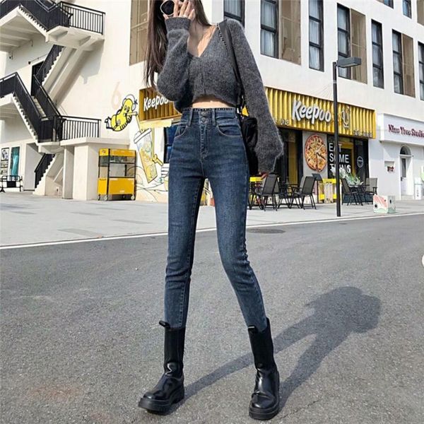 

women's jeans fashion skinny women elastic high waist vintage denim pencil pants korean style street ankle-length trousers, Blue