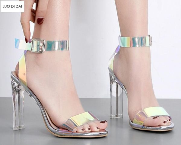 

fashion women pvc sandals ankle strap laser high heels party shoes clear crystal heel gladiator dress, Black