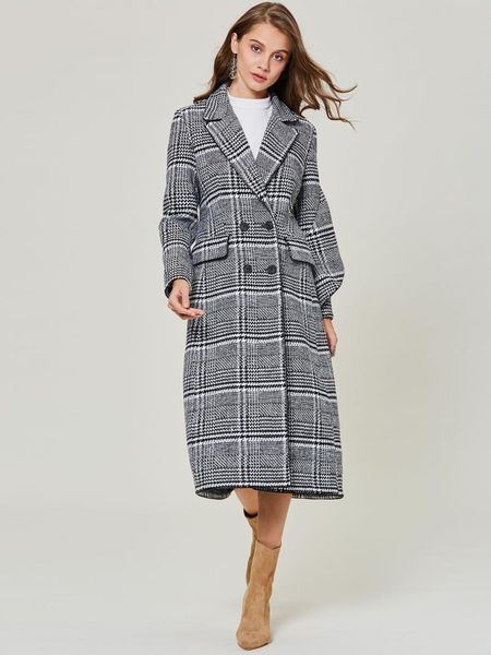 

women's wool & blends elegant plaid long coat women classy blend office lady chic work wear overcoat 2021 female winter woolen autumn, Black