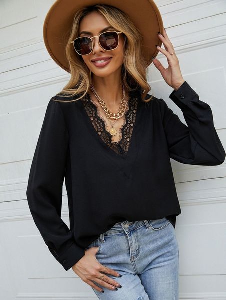 

solid eyelash lace trim blouse v5zm#, White