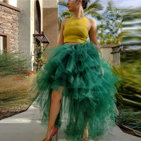 

high street emerald green low tiered tulle skirts women 2021 ruffles long tutu skirt maxi saias faldas mujer, Black