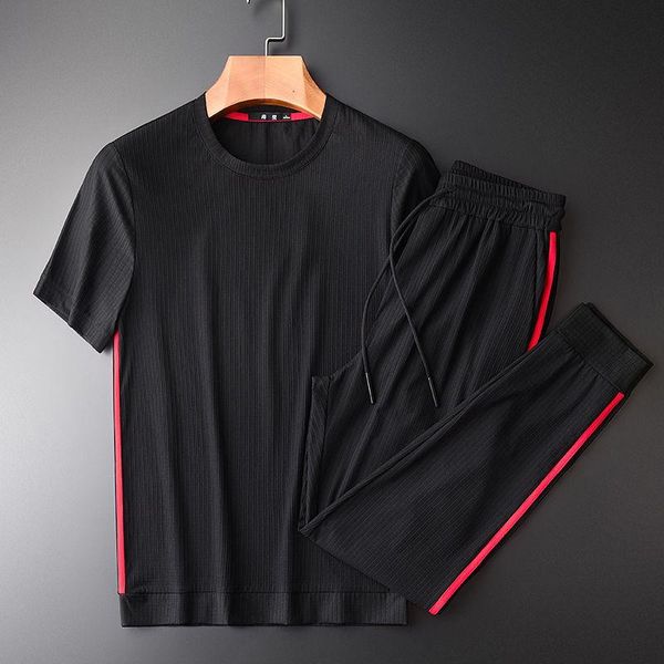 

men's t-shirts yarn dyed twill lightweight fabric fashion short sleeve t-shirt suit slim summer leisure sports two piece set, White;black