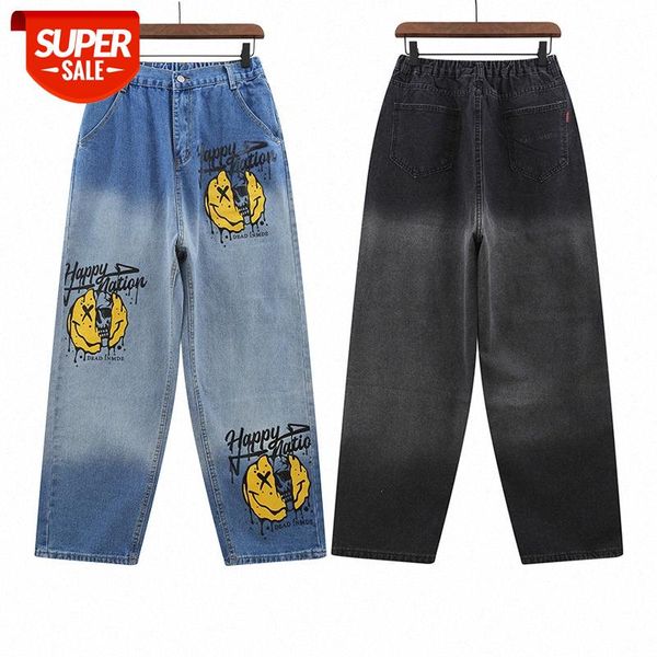 

smiley jeans loose hip hop straight casual pants #hf3k, Blue