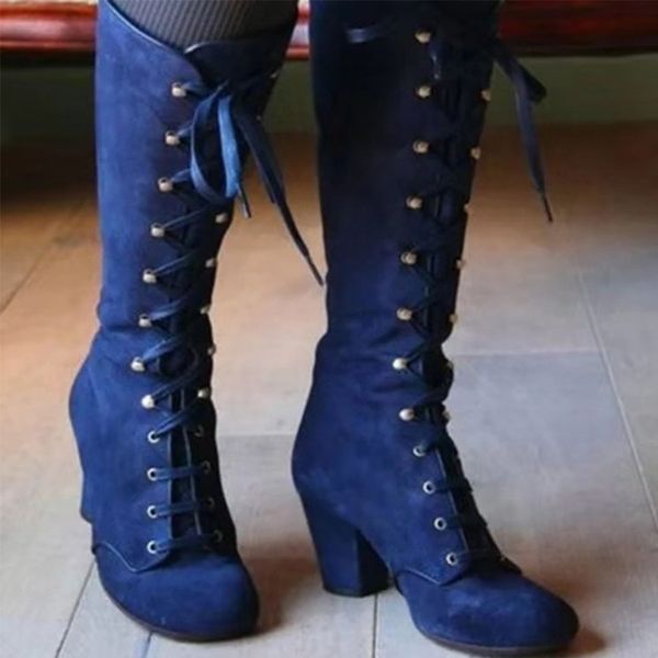 

414243 yards foreign trade new european and american square toe front lace-up chunky heel side zip long boots womens boots, Black