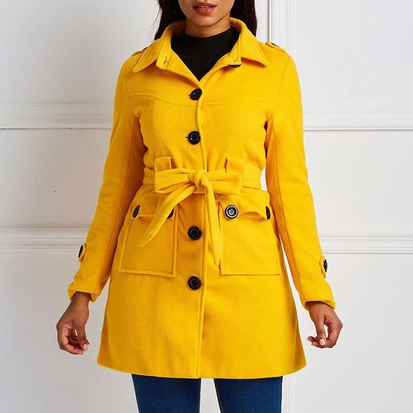 

women's trench coats winter casual warm yellow plus size red women overcoats slim lapel lace up button autumn office ladies female, Tan;black