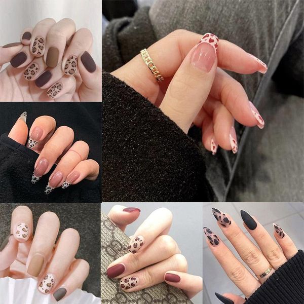 

false nails 24pcs with glue pink gray leopard french stiletto detachable coffin press on art diy manicure tool, Red;gold