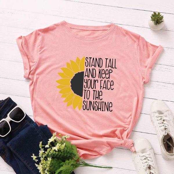 

women short sleeve cotton t-shirts graphic tees summer tee for female sunflower stand tall keep your face to the sunshine women's t-sh, White
