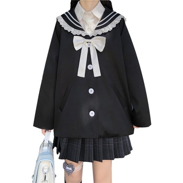 

women's trench coats japanese lolita kawaii jacket school girls sailor collar cardigan women outerwear preppy fashion autumn cute sweet, Tan;black