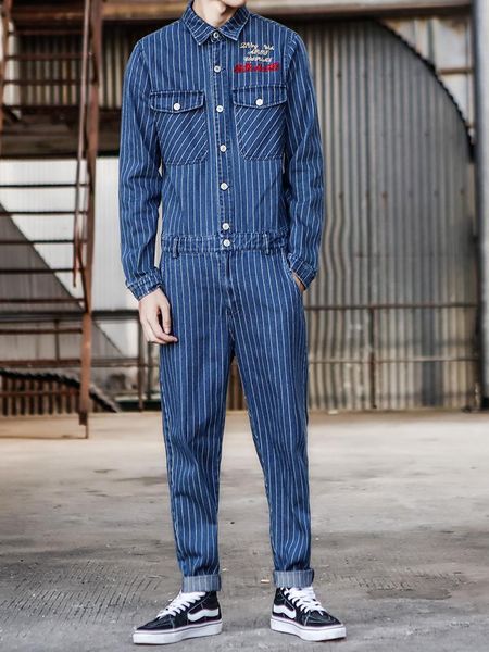 

men's jeans jeans jumpsuits men spring autumn long sleeve one piece overalls mens denim jumpsuit rompers striped casual street ma, Blue