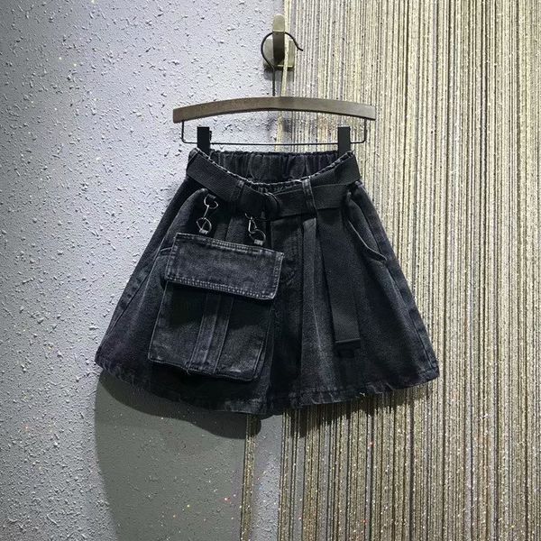 

women's shorts spring and summer elastic waist casual loose show thin large a-line big pocket jeans wide leg pants female, White;black