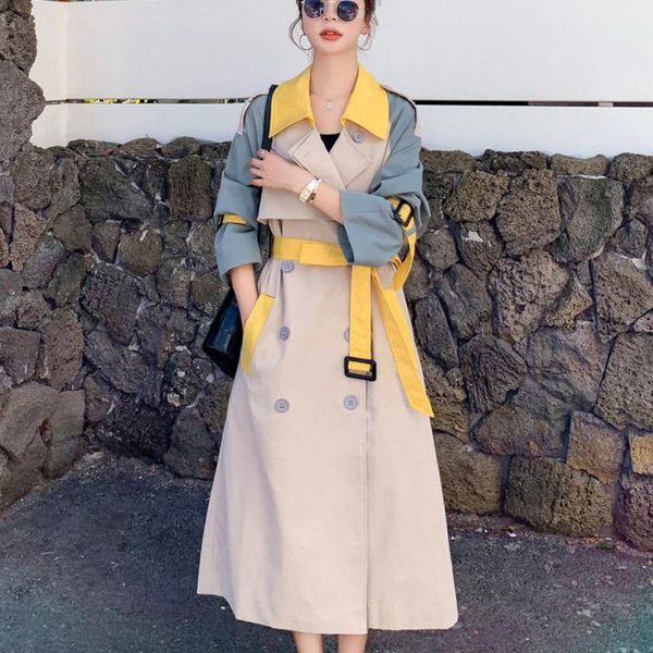 

women's trench coats [ewq] korea chic casual trendy women lapel double-breasted contrast color lace-up fashion windbreaker autumn 2021, Tan;black