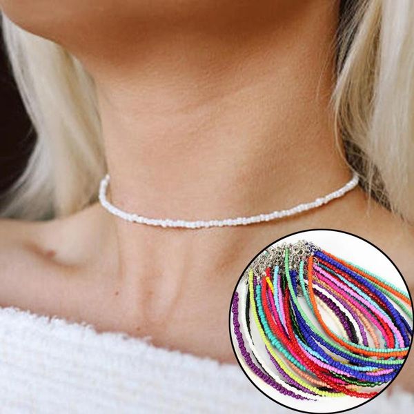 

chokers bohemia handmade rainbow seed beads necklace simple short choker women girls fashion sweet colorful collar jewelry gift, Golden;silver