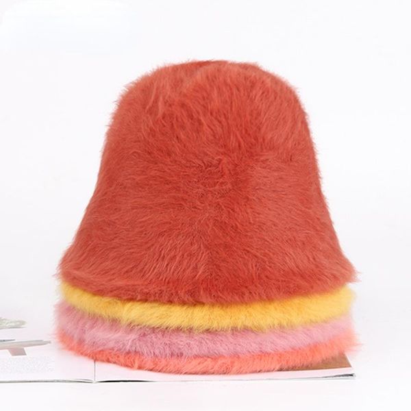

wide brim hats 2021 winter women's fashion solid color fur bucket hat warm fisherman's retro knitted soft wool basin, Blue;gray