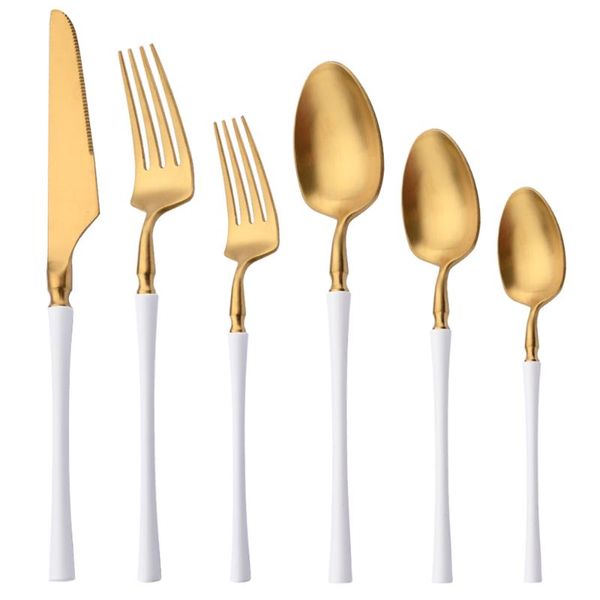 

flatware sets 6/12/24pcs white gold cutlery set matte knife spoon fork tableware 18/10stainless steel dinnerware kitchen