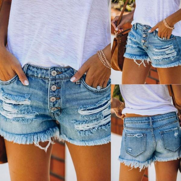 

women's jeans 2021 summer high waist ripped single-breasted denim shorts with tassels for street dating, Blue