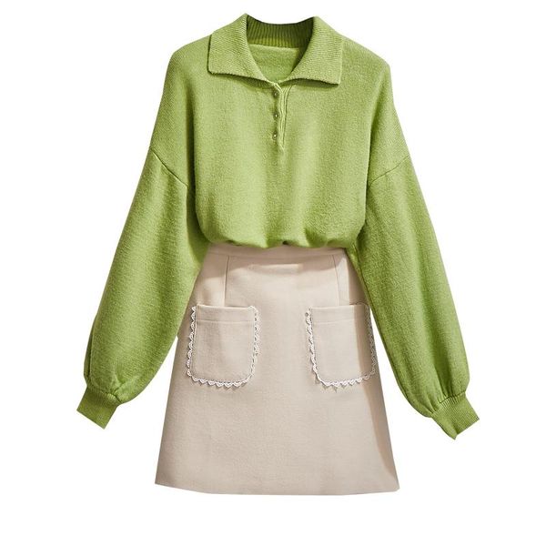 

two piece dress winter 2021 pullover sweater knitted & woolen cloth lace skirt outfit women knitwear vestido leisure clothes suit, White