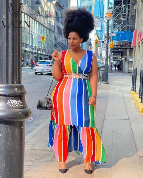 

casual dresses vazn 2021 summer ladies fashion street temperament elegant color stripe print v-neck long dress, Black;gray