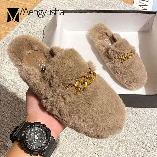 

metal chain mules women slides plush winter shoes woman pantuflas cover toe furry slippers plus size 35-43, Black
