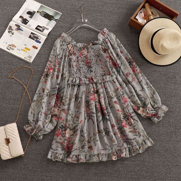 

dress spring floral print ruffle chiffon mini women vintage long sleeve summer boho beach female party vestidos robe femme 61sw, Black;gray
