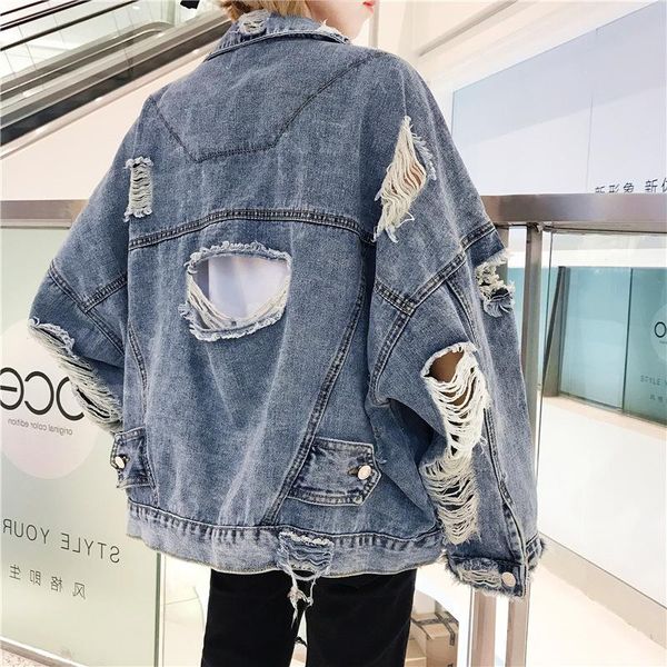 

women's jackets autumn spring korean women hole denim jacket 2021 loose frayed bomber blue coat female outerwear, Black;brown