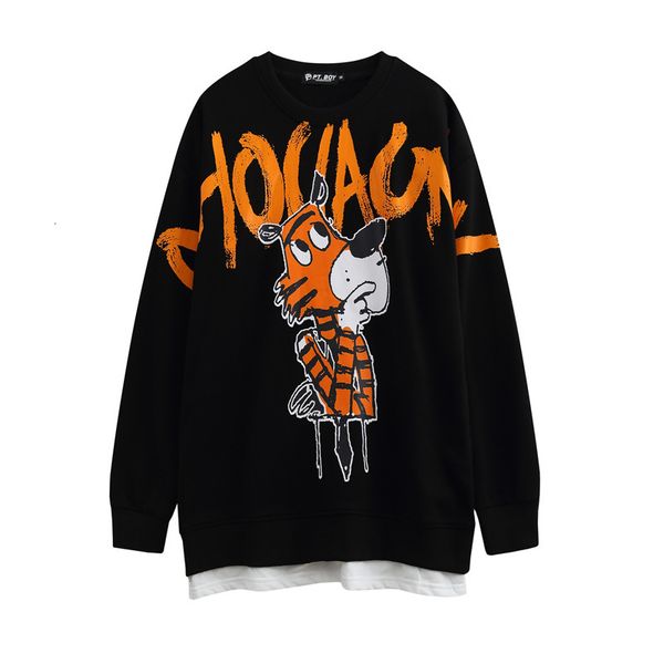 

chaopai high street cartoon letter printing fake two long sleeved pullover men's youth hip hop large size sweater, Black