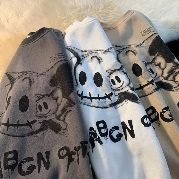 

men's hoodies & sweatshirts vintage gray streetwear men long sleeve harajuku funny cartoon print oversized for teen male, Black