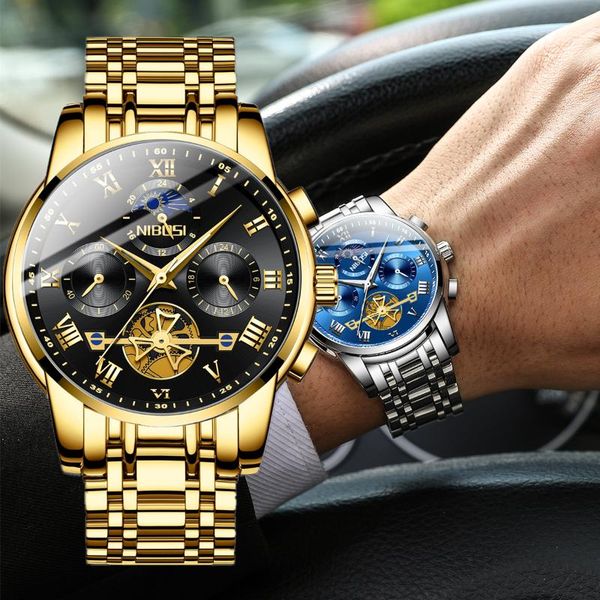 

wristwatches nibosi mens watches fashion luminous tourbillon quartz wristwatch men waterproof chronograph male watch relogio, Slivery;brown