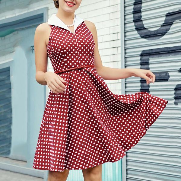 

50s 60s summer women rockabilly dress plus size sleeveless red polka dot print turn down collar swing midi cotton pin up dresses casual, Black;gray
