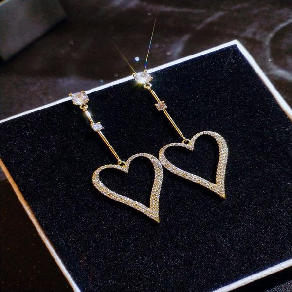 

stud simple golden hollow out heart dangle earrings with dazzling crystal graceful women love silvery girls long lovely jewelry, Golden;silver