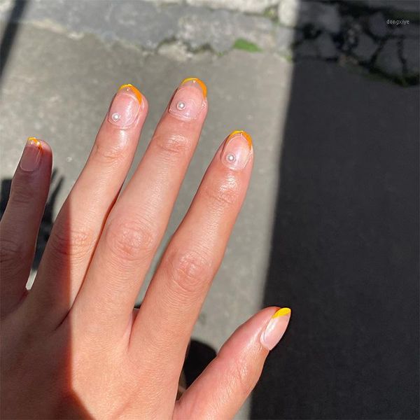 

24pcs french style orange press on nails detachable round head fake glossy artificial with glue for girls1, Red;gold