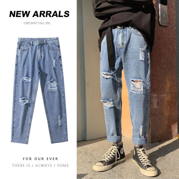 

spring summer ripped blue jeans mens fashion casual harem jeans men streetwear loose hip-hop hole denim trousers mens -2xl