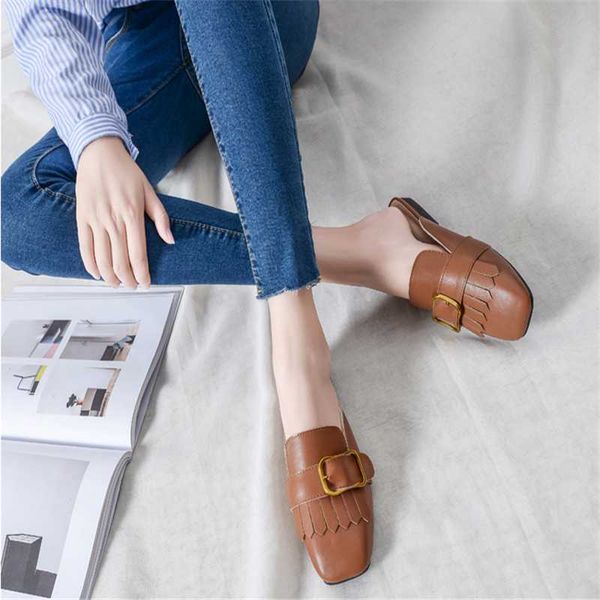 

female winter leather square slides ladies designer platform lazy slippers women's mules shoes girl's flip flops home sandals, Black