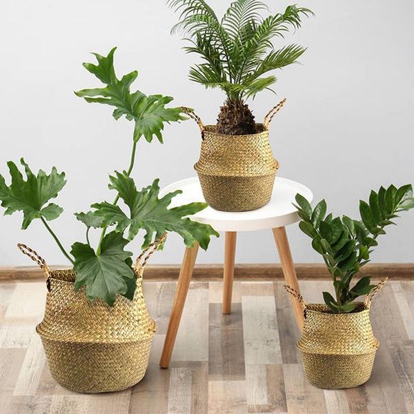 

storage baskets woven bamboo basket folding clothes laundry straw wicker rattan seagrass belly garden flower pot plant